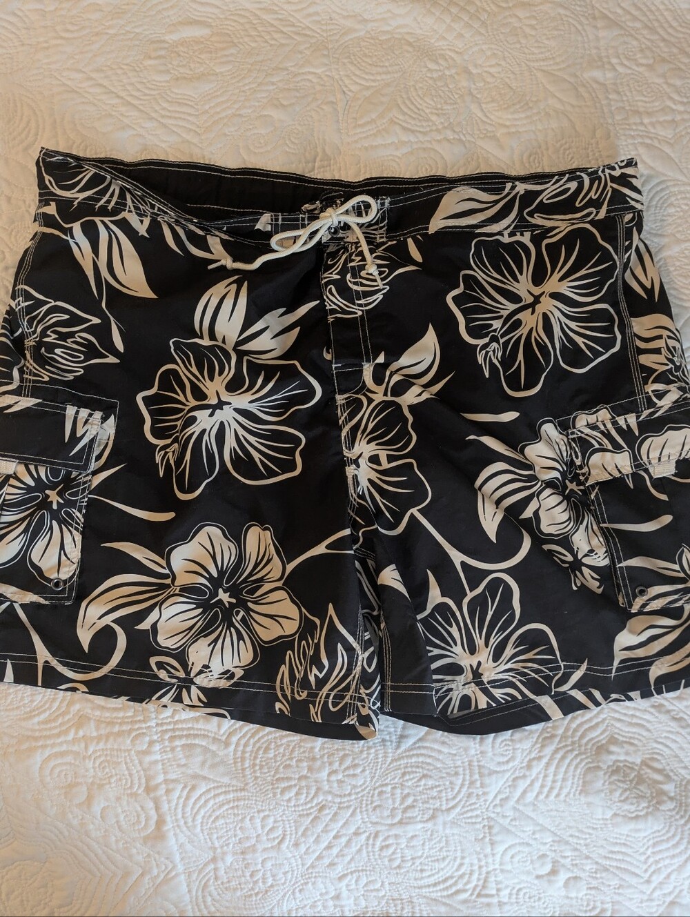 Men's Black Floral Cargo Swim Shorts with Black & Beige Hibiscus Print
